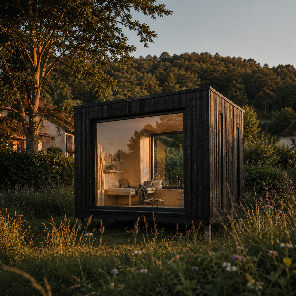 blokwerk Gartenzimmer im Garten Modernes Gartenzimmer aus dunkel lasiertem Lärchenholz mit großer Fensterfront, freistehend auf Schraubfundamenten in einem Garten am Rand eines Buchenwalds